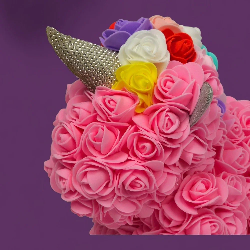 Rose Unicorn Gift - Pink Foam Flowers, Rainbow Mane, 